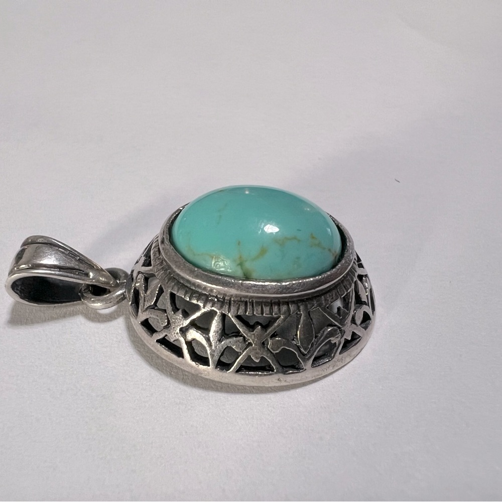 Sterling Silver 925 Turquoise Openwork Puff Pendant - Picture 2 of 5